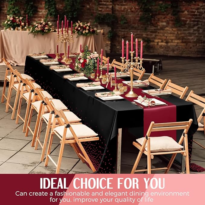 8 Pack Black and Maroon Disposable Plastic Tablecloths and Satin Table Runner - Image 7