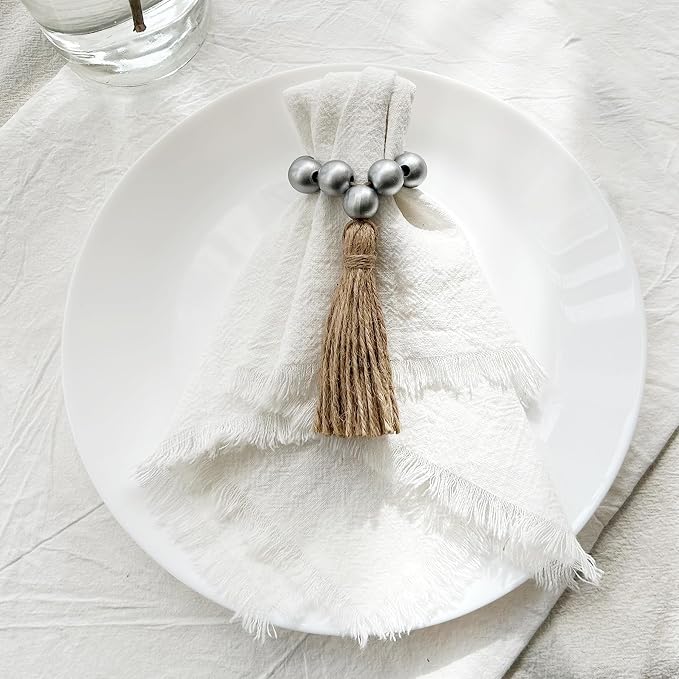 Napkin Rings Set of 12, Wooden Napkin Rings, Wood Bead Elastic Farmhouse Napkin - Image 5
