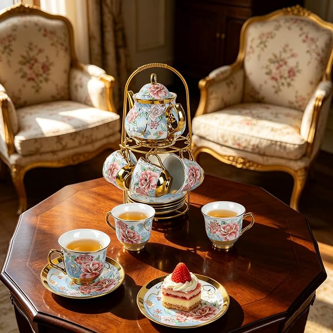 20-Piece Porcelain Tea Sets for Adults, Includes Tea Cups and Saucers, Spoons & - Image 7