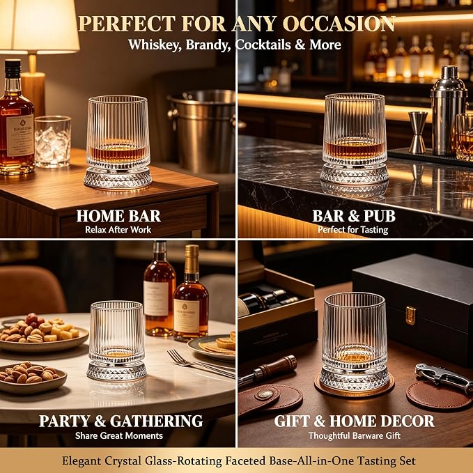 360° Rotating Whiskey Glasses Set of 2, Vintage Crystal Tumblers - Image 7