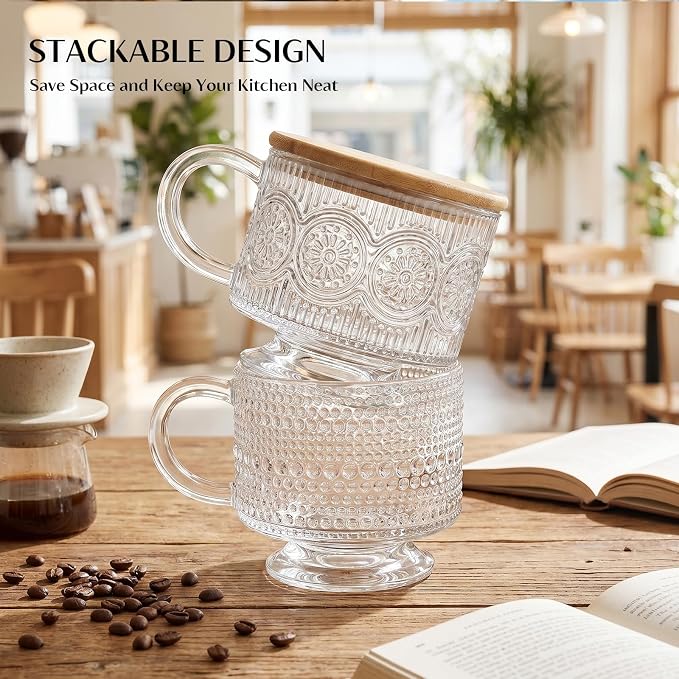 INSETLAN Vintage Glass Coffee Mugs 14 oz Set of 2, Embossed Overnight Oats - Image 9