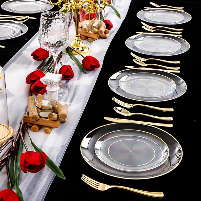 PULOTE 100PCS Clear and Gold Plastic Plates - Image 7