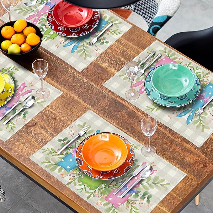 Easter Placemats Set of 4,Bunny Rabbits Green Leaves Table Kitchen Mat 12x18 Inch Floral Spring Decor Holiday Table Mats for Seasonal Party Kitchen Dining Decoration