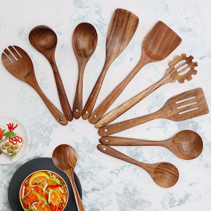 Zulay Kitchen 9-Piece Teak Wooden Utensils - Image 9