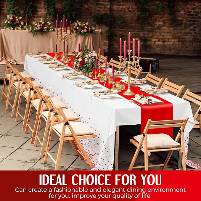 8 Pack White and Red Disposable Plastic Tablecloths and Satin Table Runner Set - Image 6