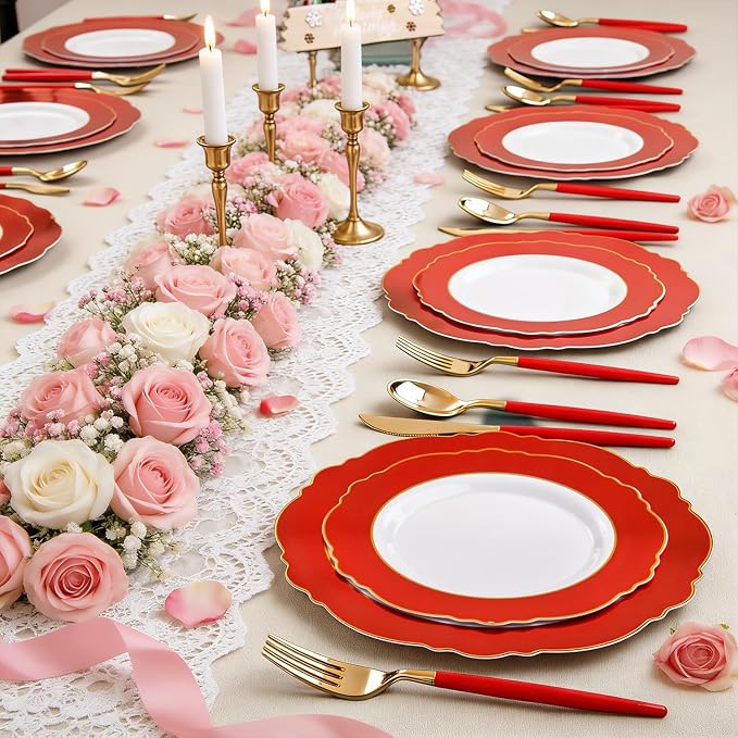 60pcs Red Plastic Plates with Gold Rim - Image 8
