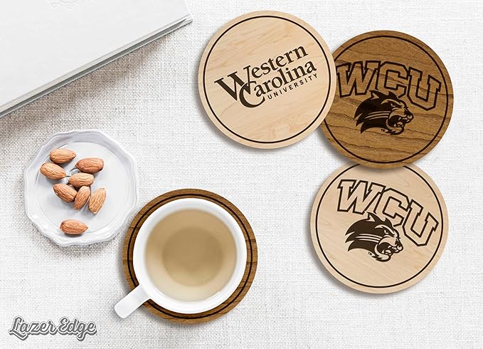 LazerEdge Western Carolina Catamounts Wooden Coaster Set - Cherry Wood - Officially Licensed Product - 4-Pack
