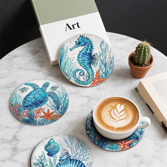 Sea Coasters Leather Round Drink Coasters 6 Pcs Set - Image 6