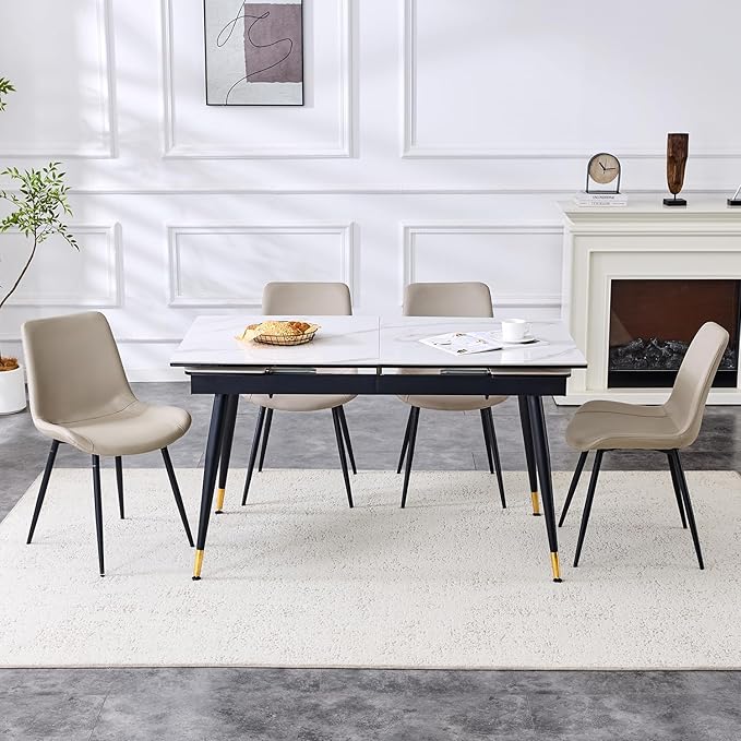 Extendable Dining Table Set for 4, 55'' to 78.8'' Rectangular Thickened Sintered Stone Kitchen Table with 4 Upholstered Chairs, Modern Space Saving 5-Piece Dinner Table Set
