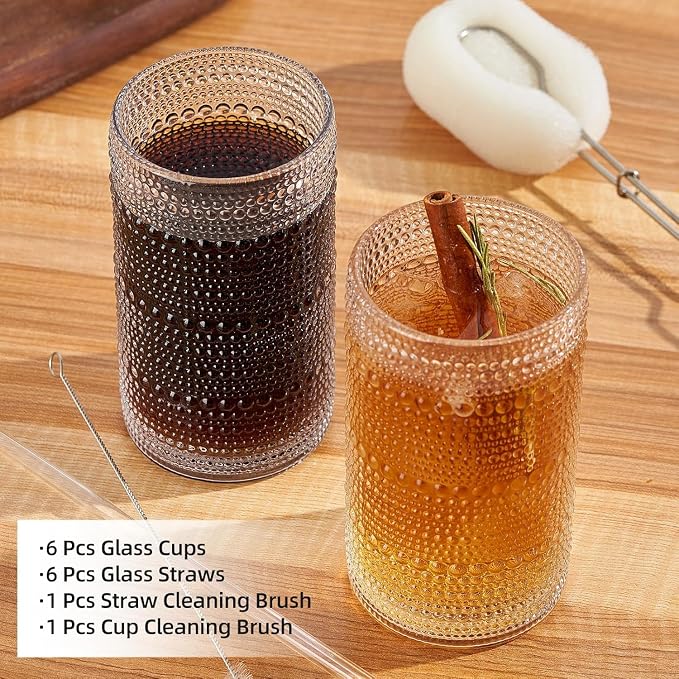 16oz Hobnail Drinking Glasses Set of 6, Vintage Large Capacity Embossed Clear - Image 6