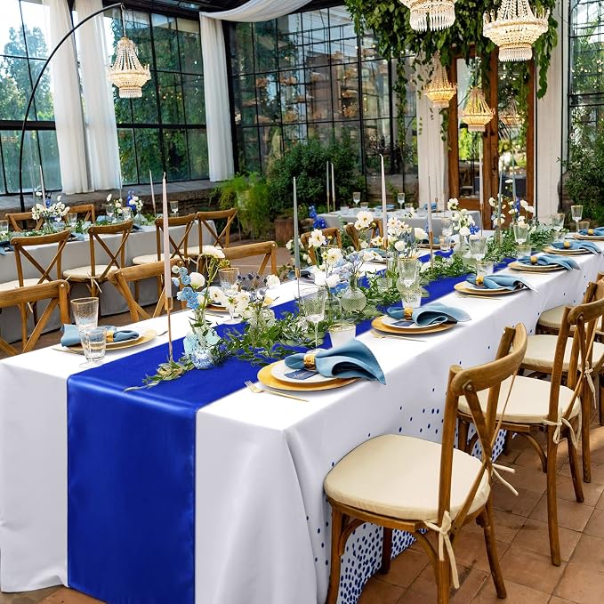 24 Pack Royal Blue Disposable Plastic Tablecloths and Satin Table Runner Set - Image 7
