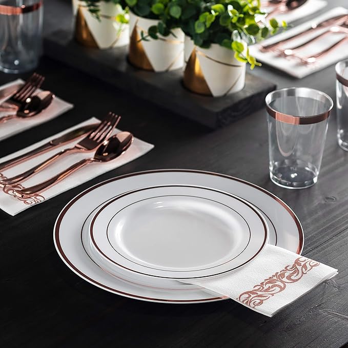 100 Rose Gold Rim Plastic Plates Set, Elegant Fancy Heavy Duty Disposable Plates - Image 4