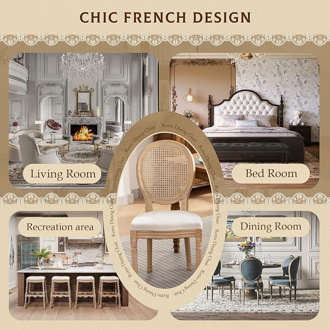 SoarFlash French Dining Chairs Set of 4, Vantage Dining Chair with Round Back, Farmhouse Country Rattan Dining Chair for Kitchen,Bedroom,Beige
