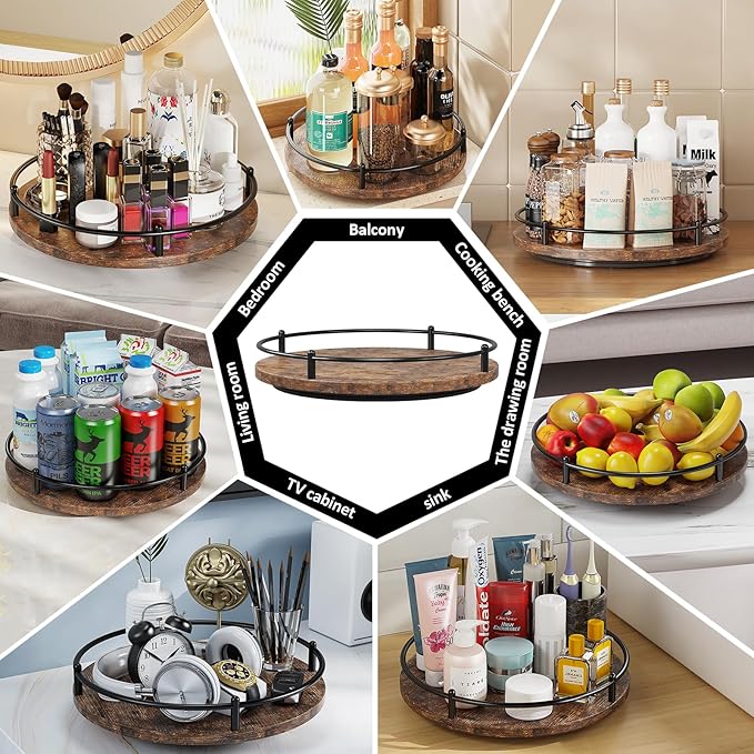 Lazy Susan Organizer:10 Inch Rotating Spice Rack Decor for Kitchen Countertop Round Wooden Turntable Holder for Dinning Room, Living Room, Home – Black