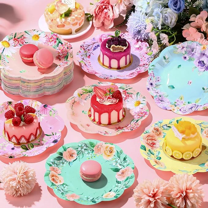 60 Pcs Floral Party Plates Floral Disposable Paper Plates, 7 Inch Elegant Vintage Garden Dinner Dish for Tea Party, Bridal Shower, Baby Shower, Birthday Supplies