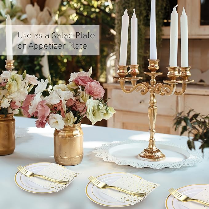 The Essential Concierge 100 Stylish Gold Dessert Plates, Forks and Cocktail Napkins - 7.5 Inch Wedding Cake Plates for Events including Wedding Reception, Parties or Showers