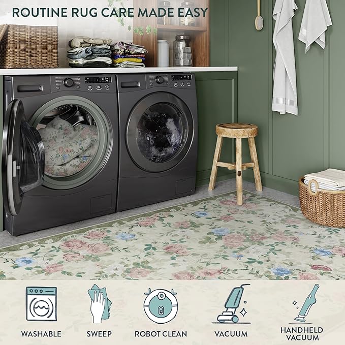 Lahome Vintage Floral Area Rugs 8x10,Large Rugs for Living Room Boho Area Rug Machine Washable, Low Pile Bedroom Rugs 8x10 Carpet for Office Rug Playroom Dining Room(Cream/Green)