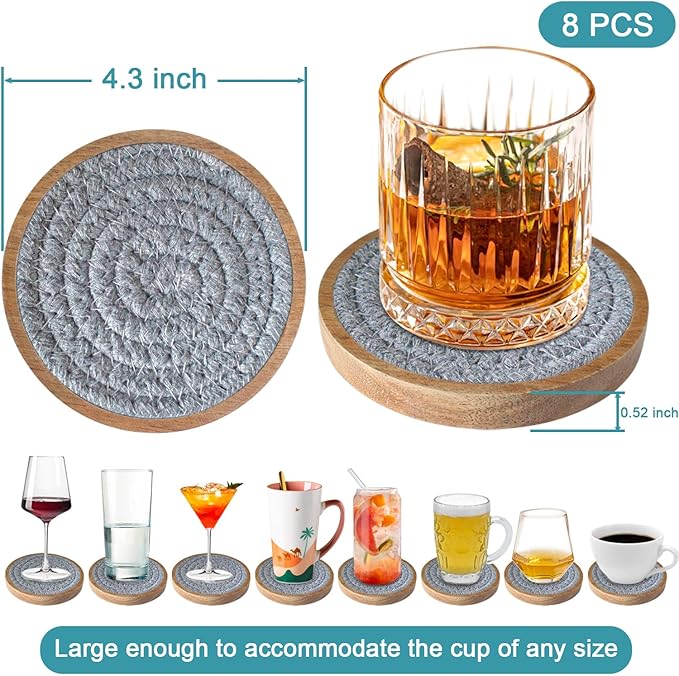 Eykao Wood Coasters for Drinks, Absorbent Coaster Sets of 8, Woven Drink - Image 6