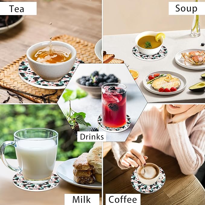 Cute Dog Drink Coasters for Drinks Set of 6,Dachshund Dog Floral Absorbent Round Ceramic Stone Mat Coaster,with Cork Base and Metal Holder, Home Bar Decor House Warming Gift