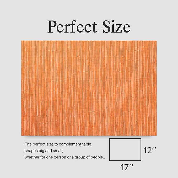 Placemats Set of 6 - Easy Clean Woven Vinyl Placemats for Dining Table, Indoor/Outdoor Place Mats, Washable PVC Table Mats (Orange)