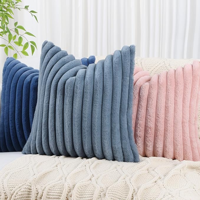 decorUhome Cozy Faux Fur Spring Throw Pillow Covers 20x20 Set of 2 Decorative Soft Plush Striped Modern Farmhouse Boho Couch Pillow Cases with Velvet Back for Sofa Bed Living Room, Grey Blue