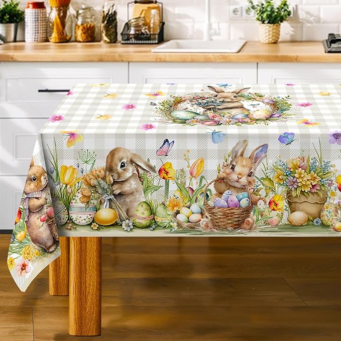 Easter Tablecloth Round 70 Inch, Easter Bunny Table Cloth Buffalo Check Plaid Kitchen Table Cover for Dining Room Spring Round Tablecloth Indoor Decor