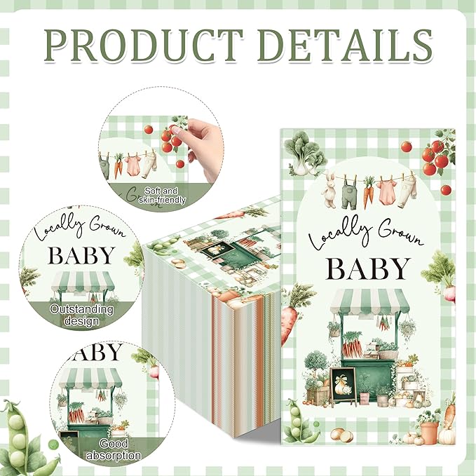 Locally Grown Baby Shower Decorations - 100 Pcs Farmers Market Vegetable Paper Disposable Party Napkins Sets Bulk Dinner Decorative Guest Table Supplies Decor for Gender Reveal 7.9 x 4.3 In