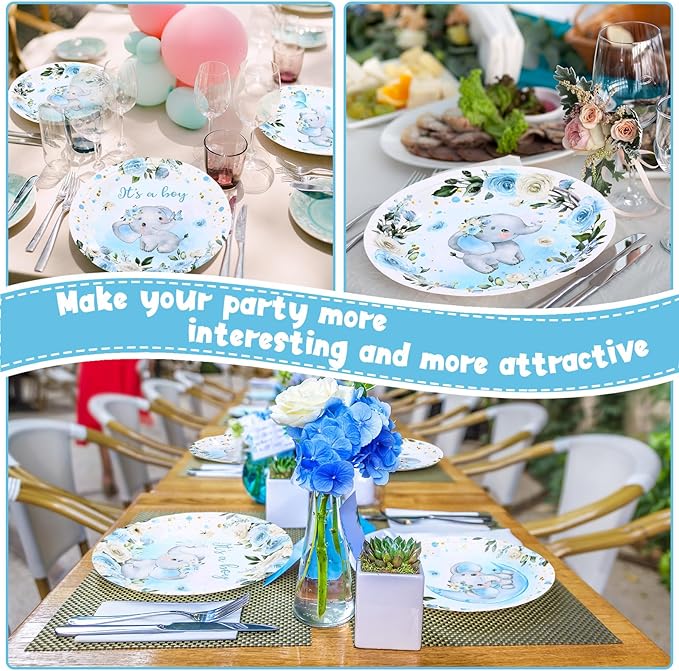 60 Pcs 7 Inch Elephant Baby Shower Paper Plates It's a Boy Shower Decorations Tableware Baby Gender Reveal Plates It's a Boy Party Supplies for Blue Floral Elephant Party