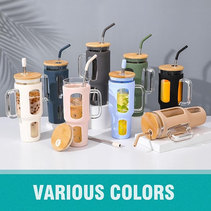 WINSA Glass Tumbler with Lid and Straw, 46 oz, Large Water Bottle with Silicone - Image 7