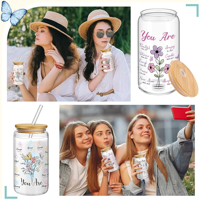 Mumufy 4 Pack Wildflower Glass Cups Gift Aesthetic Cute Glass Cup Tumbler - Image 7