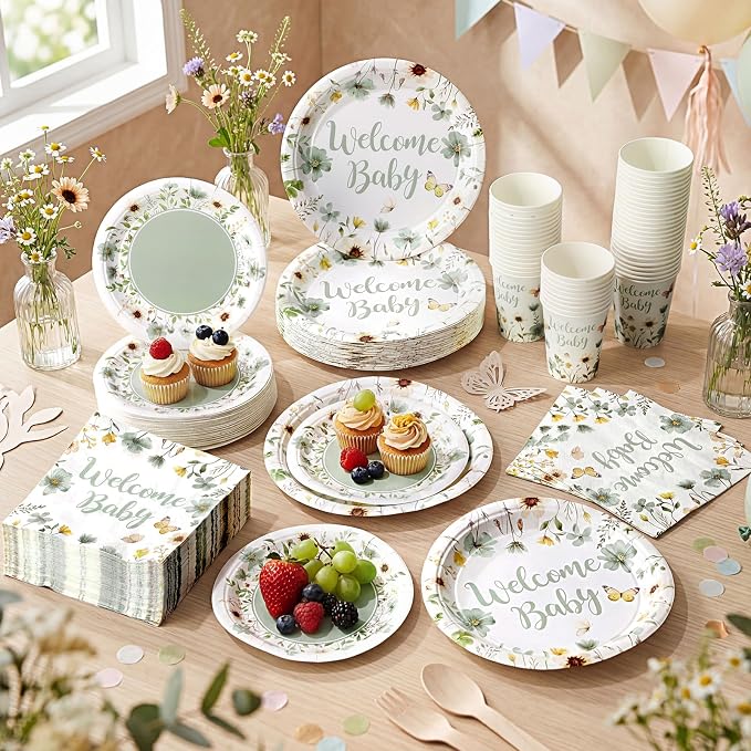 Pickmesh 250 Pcs Sage Green Floral Baby Shower Party Supplies Decorations Serve - Image 6