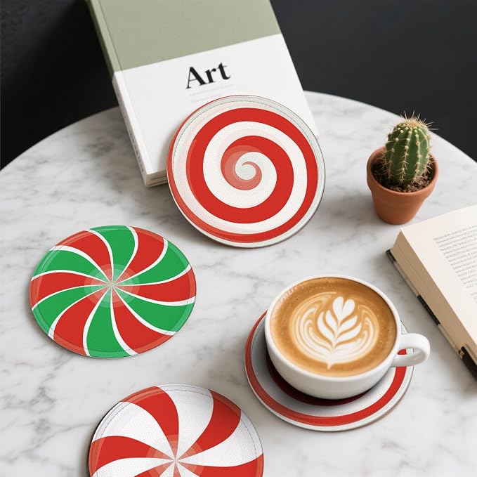 Christmas Candy Coasters Leather Round Drink Coasters 6 Pcs Set - Image 6