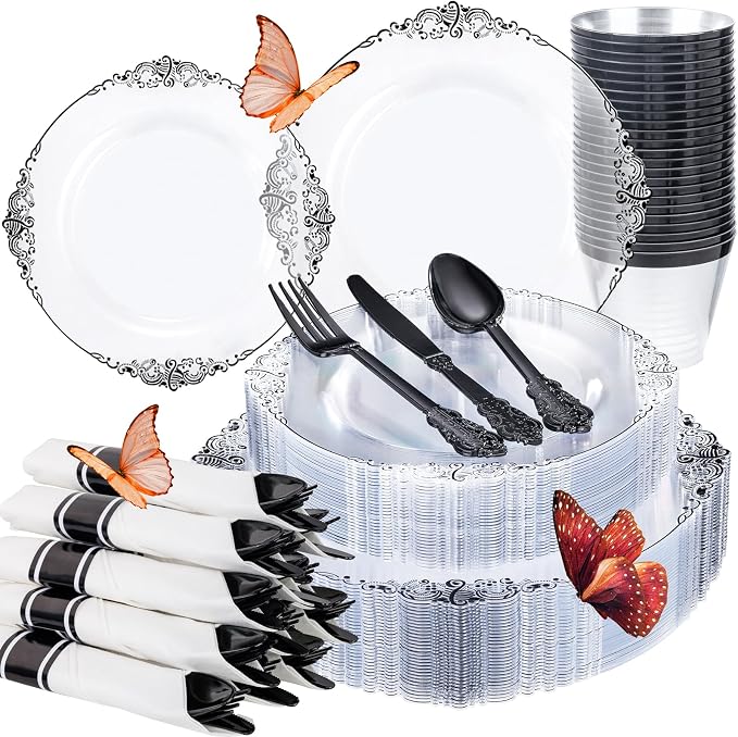 175 Pcs Clear Black Plates for Party | Black Party Plates Set for 25 Guests - Image 9