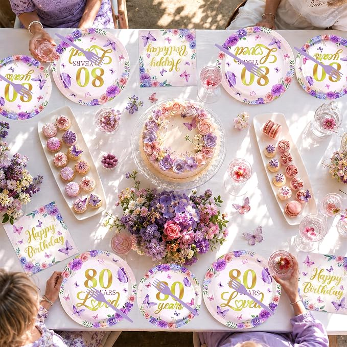 96Pcs 80th Birthday Purple Floral Butterfly Party Decoration, Serves 24 | - Image 8
