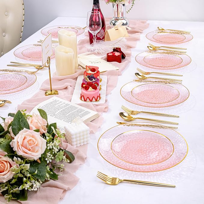 Rubtlamp 100Pcs Clear Pink Gold Plastic Plates, Hammered Plastic Plates Include - Image 7