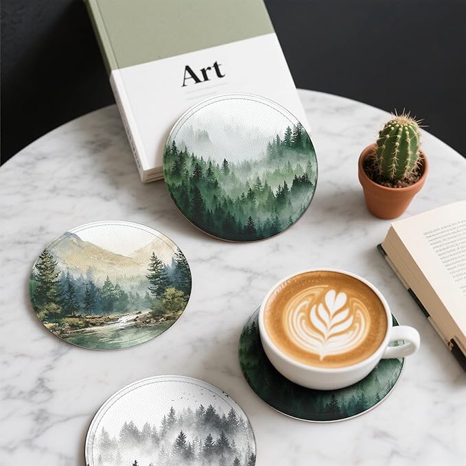Forest Coasters Leather Round Drink Coasters 6 Pcs Set - Image 6