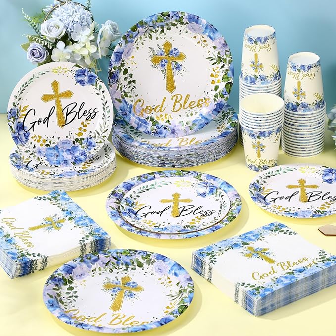 Pickmesh 250 Pcs Blue Baptism Cross Disposable Tableware Set Confirmation - Image 6