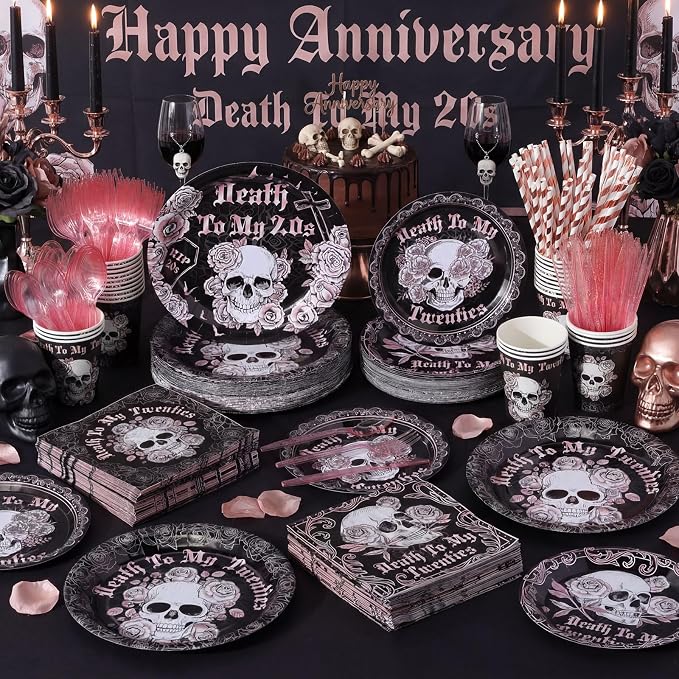 450 Pcs Death to My 20s Tableware Set Decorations, Serves 50 | Rose Gold Black - Image 6