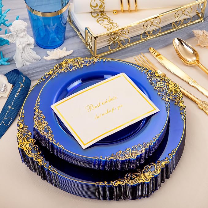 210 Pcs Blue Gold Plates for Graduation | Blue Party Plates Set for 30 Guests - Image 9