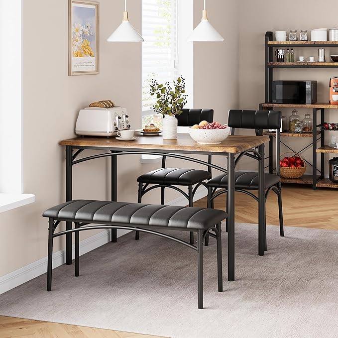 Dining Table Set for 4, Rectangular Kitchen Table and Chairs Set of 4 for Small Spaces, Modern Dining Room Table Set with Upholstered Bench and 2 Chairs, Space Saving Dining Furniture for Apartments