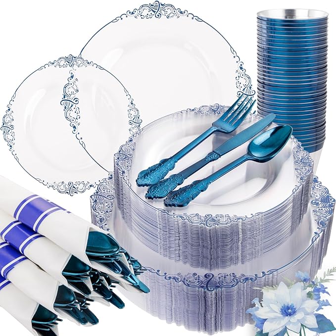 350pcs Clear Blue Plastic Plates - Image 9