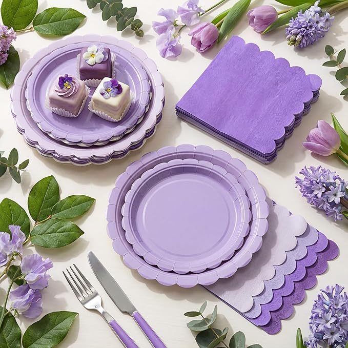110 Pcs Purple Plates and Napkins Tableware Set Serve 25 Guests Includes - Image 7