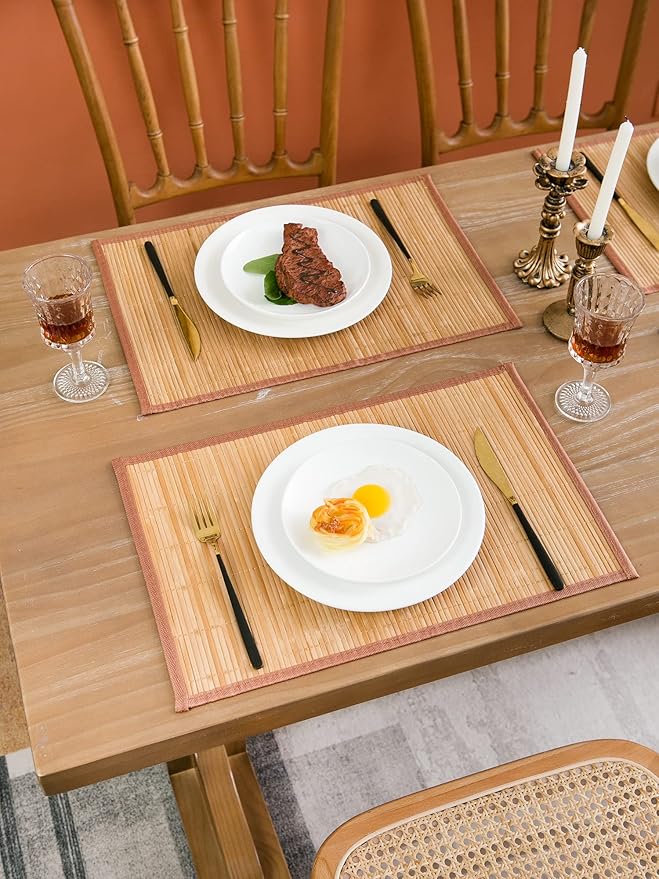 ANDSTAR Set of 8 Pcs Bamboo Placemats with Fabric Border Sushi Rolling Mat Japanese Style Natural Anti-Slip Bamboo Placemats Washable Heat-Resistant Table Mats for Dining Room and Kitchen(Coffee)