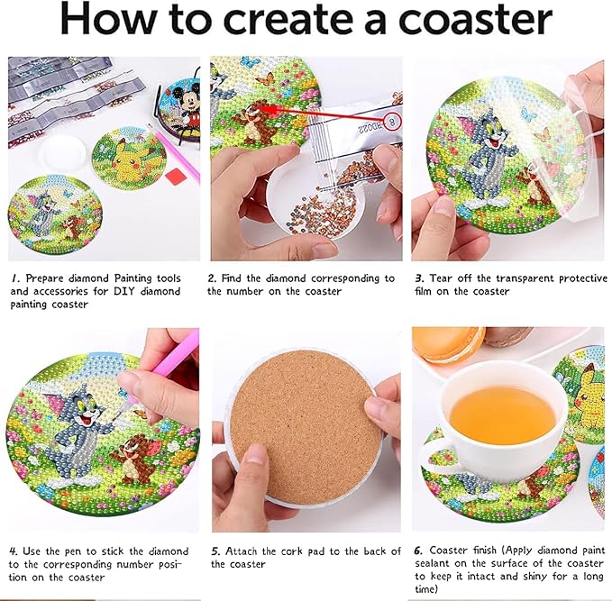 Cartoon Diamond Art Coasters for Adults & Kids, 7 Packs Diamond Painting - Image 9