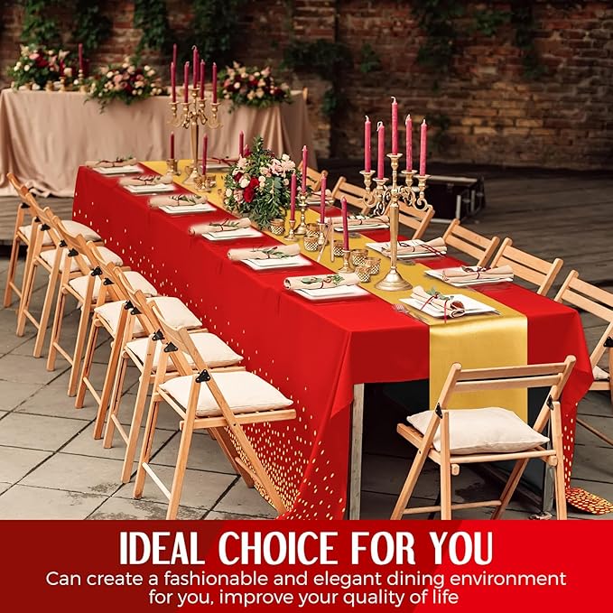 24 Pack Red and Gold Disposable Plastic Tablecloths and Satin Table Runner Set - Image 6
