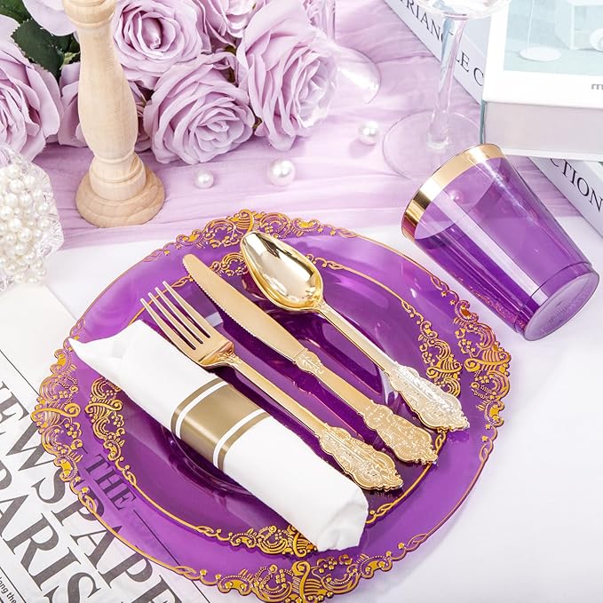 210 Pcs Purple Gold Plates for Party | Purple Party Plates Set for 30 Guests - Image 9