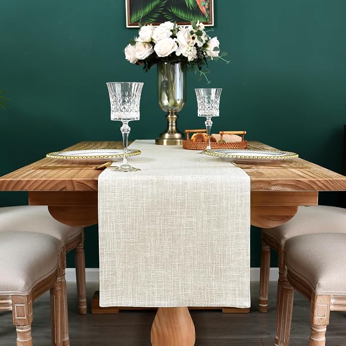 Farmhouse Rustic Faux Linen Table Runner Neutral Beige Table Runners Double - Image 7