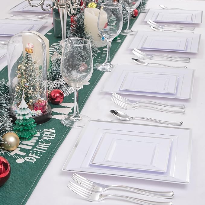 Liacere 100PCS White and Silver Square Plastic Plates - 50PCS Heavy Duty 9.5inch White Dinner Plate and 50PCS 6inch Dessert Plates-Silver Disposable Plate for Party&Wedding&New Year&Chrismas