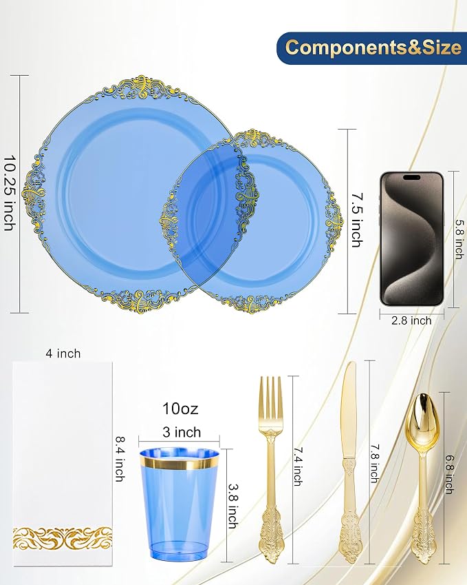 Nervure 350Pcs Blue Plastic Plates, Plastic Dinnerware Set - Image 9