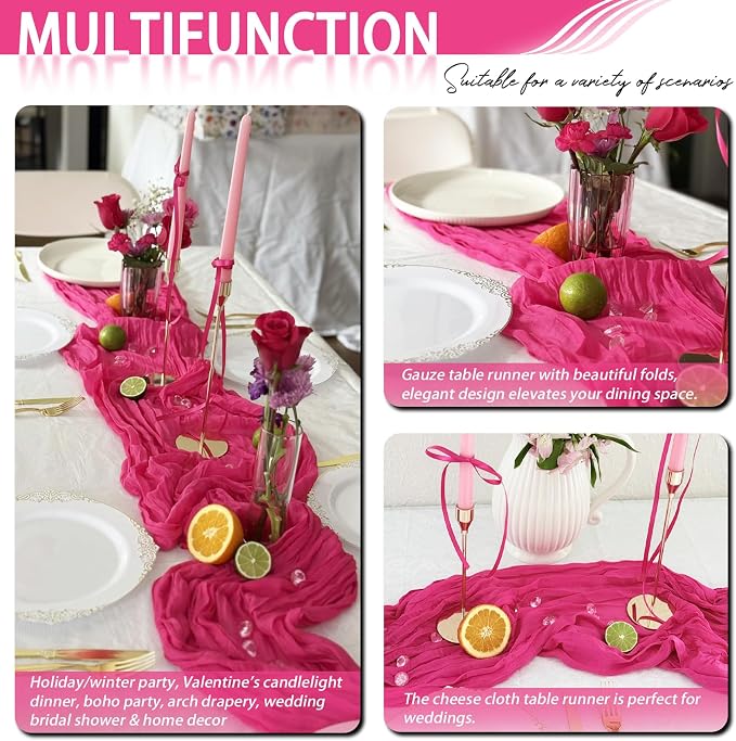8 Pack Hot Pink Cheesecloth Table Runner 17x108 inch Rustic Gauze Table Runner - Image 7